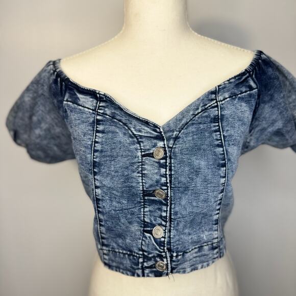 Denim Crop Top Puff Sleeve Women’s XL Acid Y2K Western Coquette Festival Rodeo - Picture 10 of 16